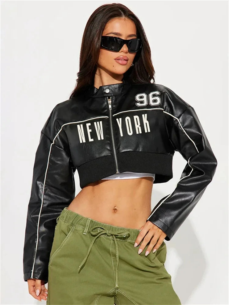 kliou Letter PU Patchwork Women Coats New Hipster Button Zip-up Full Sleeve Crop Jackets Trend Cool Street Outwear Spring New