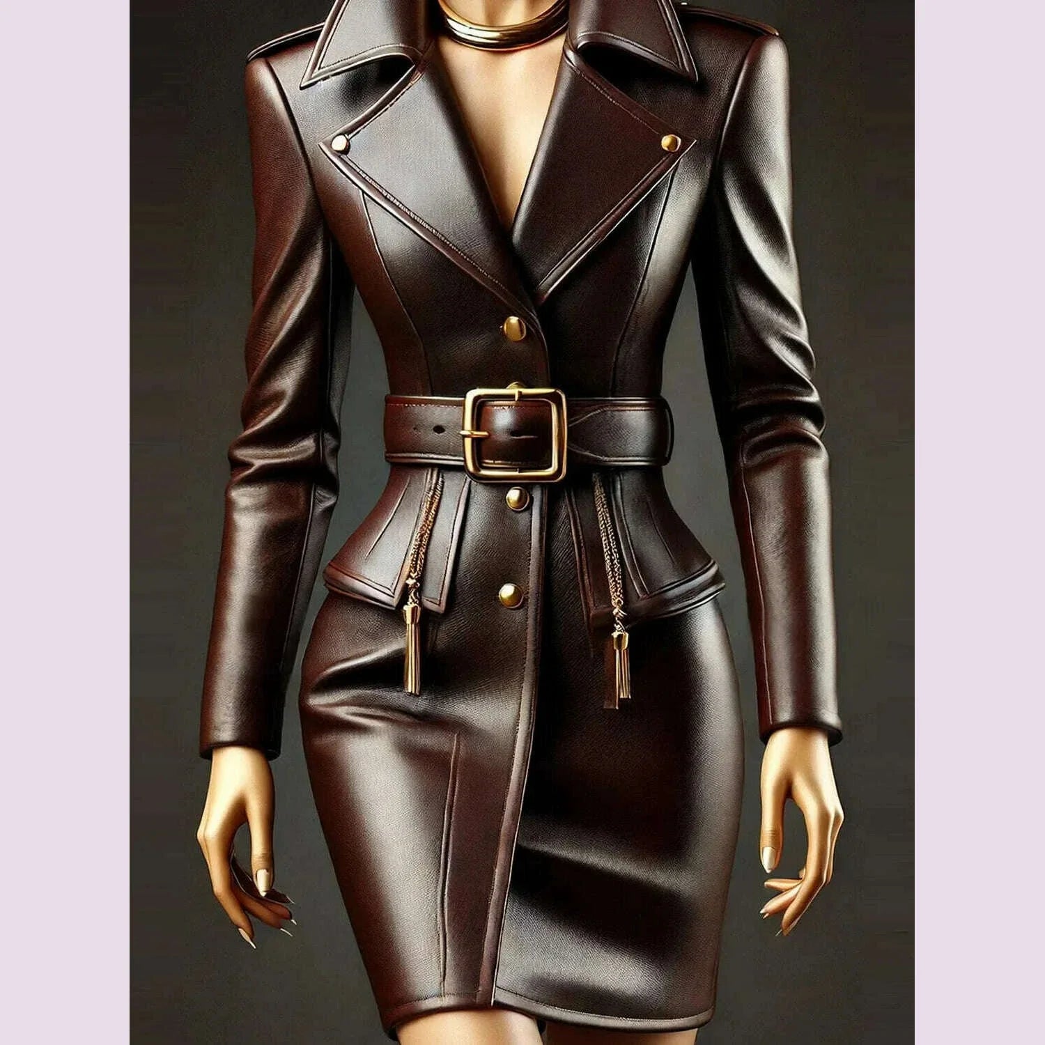 Women PU Leather Dress Lapel Collor Button Long Sleeve with Belt Chic Vintage Pockets Slim Elegant Office Lady Mini Dresses