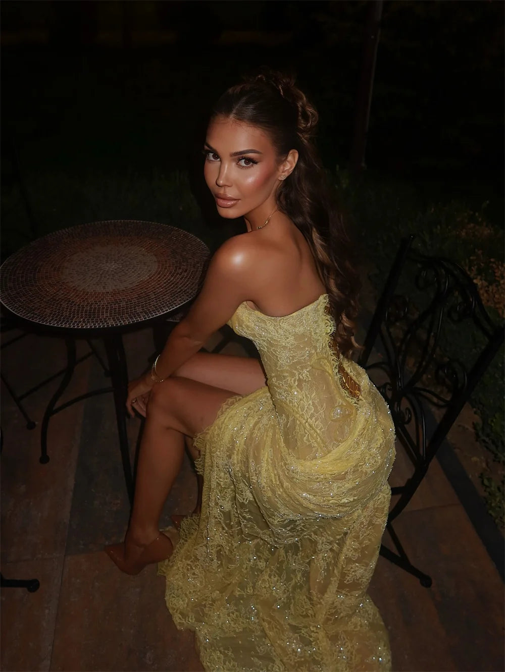 Cathy Customized Yellow Mermaid Lace Embroidery Prom Dresses Sequins Sleeveless vestidos de noiva Side High Split Formal Evening