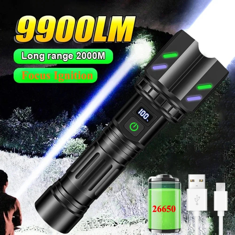 Bright LED White Laser Flashlight By 26650 Battery Zoom Tactical Torch with Ignition Lens for Outdoor Camping Emergency Lantern