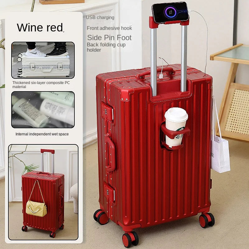 Multifunctional Luggage Aluminum Frame with USB Charging Port 30" High-capacity Suitcase 20-inch Travel Boarding Password Box