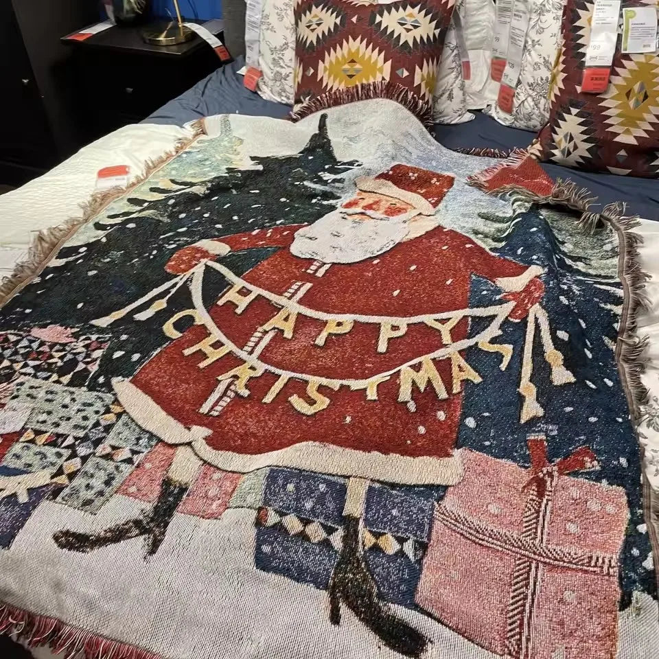 Retro Village Sofa Blanket Cotton Thread Throw Christmas Living Room Leisure Sofa Cover Winter Knitted New Years Gifts Blankets