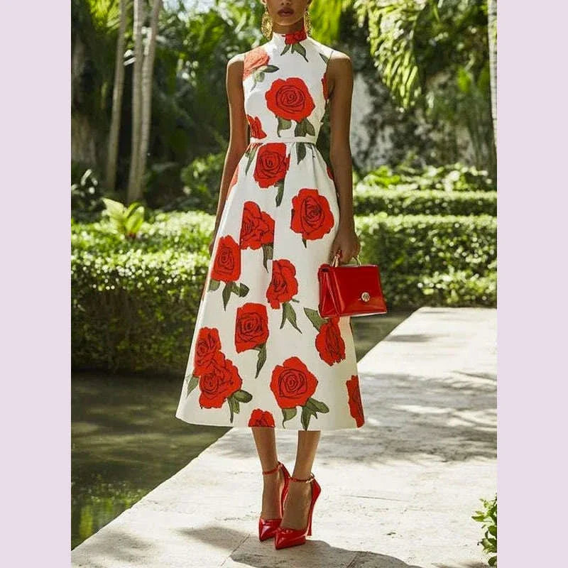 Modigirl 2025 New Woman Flower Print Midi Dresses Summer Skinny Stand Collar Elegant Vintage Romantic Evening Dress for Women