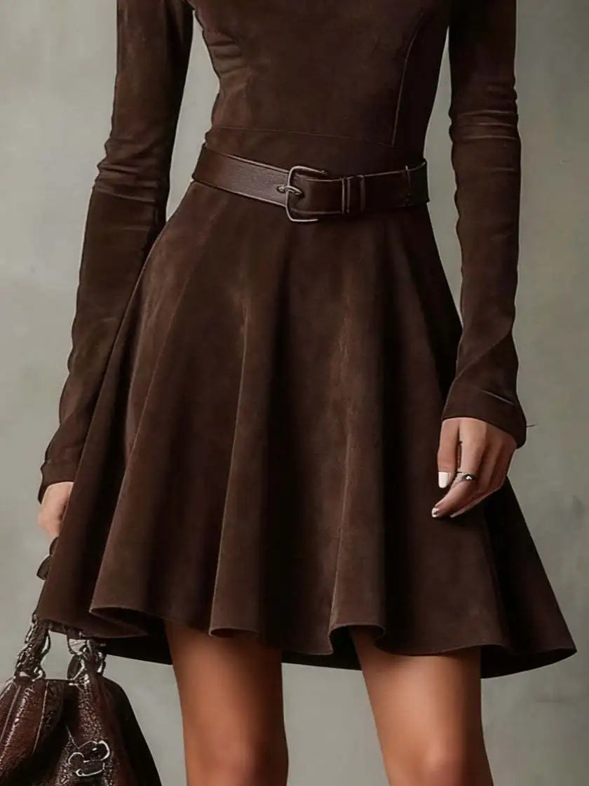 Casual O-neck Long Sleeve Suede Party Dress ElegantSpl it Solid Slim Long Dress Women Fashion With Belt Tie-Up Maxi Dress