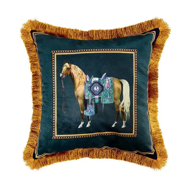 European Retro Horse Printed Pillow Cover Sofa Gold Tassel Pillowcase Velvet Fabric Cushion Cover | Kimlud Premium Pillow