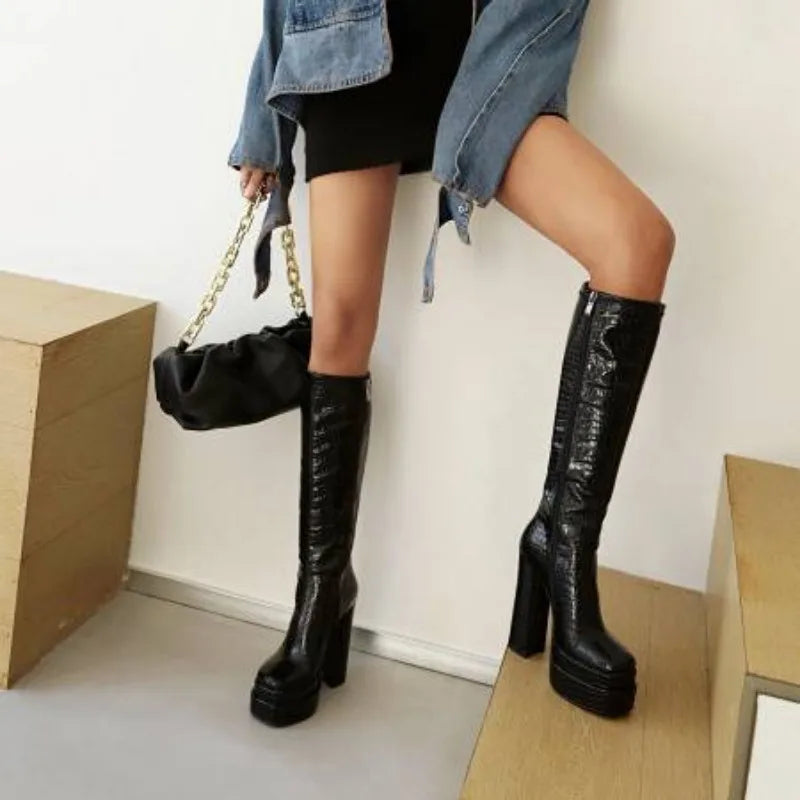 Plus Size 43 Women Knee High Boots Platform Thick High Heel Ladies Motorcycle Boots PU Leather Side Zipper Square Toe Women Boot