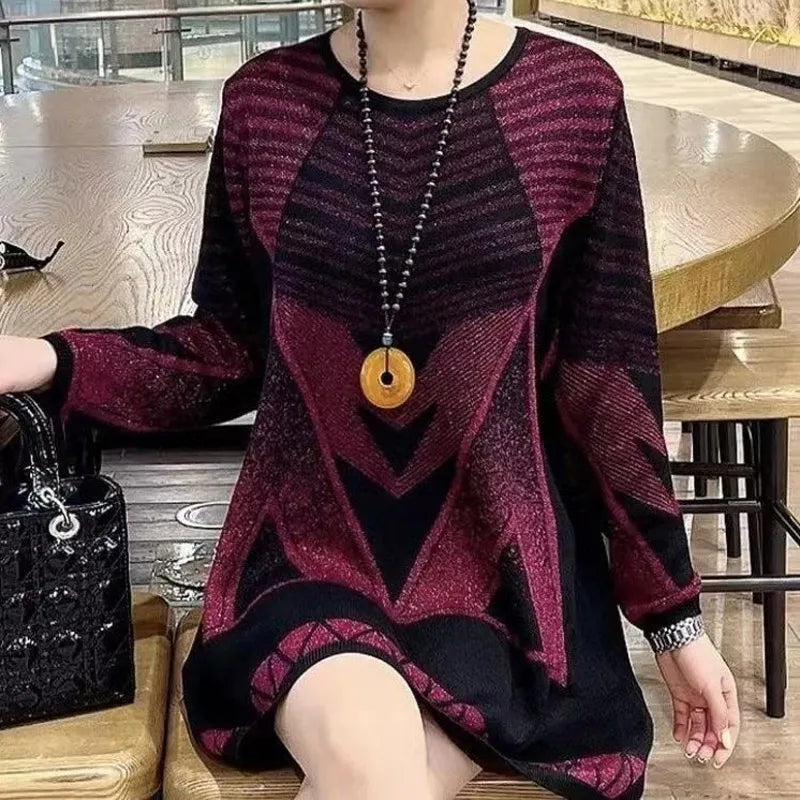 Vintage Loose Knitted Geometric Sweater Spring Autumn Long Sleeve O-Neck Plus Size Pullovers Tops Fashion Casual Women Clothing
