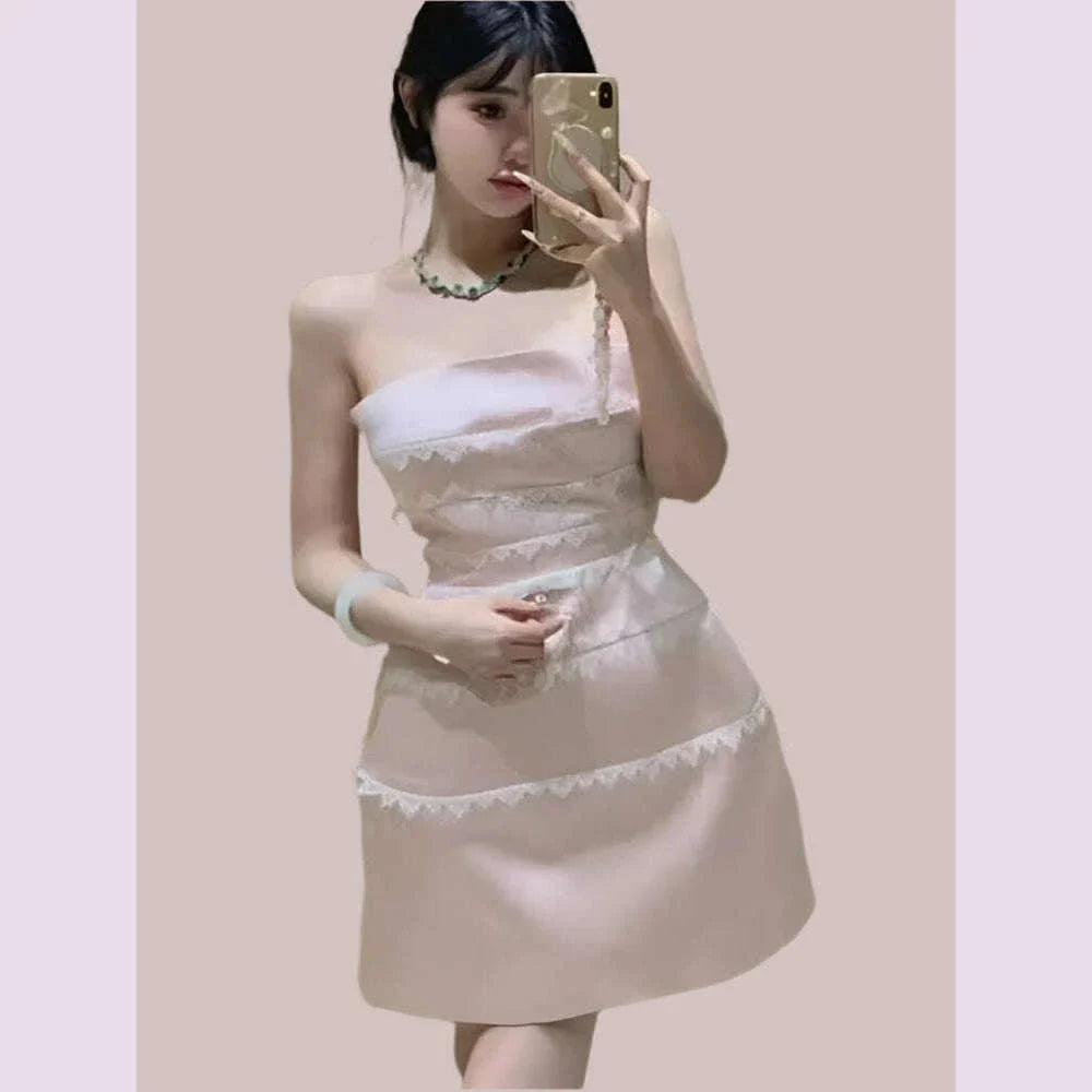 DEAT Sexy Lace Bow Spliced Solid Color Strapless Backless Sleeveless High Waist Women's Mini Dress 2025 Spring New Tide 15DZ504