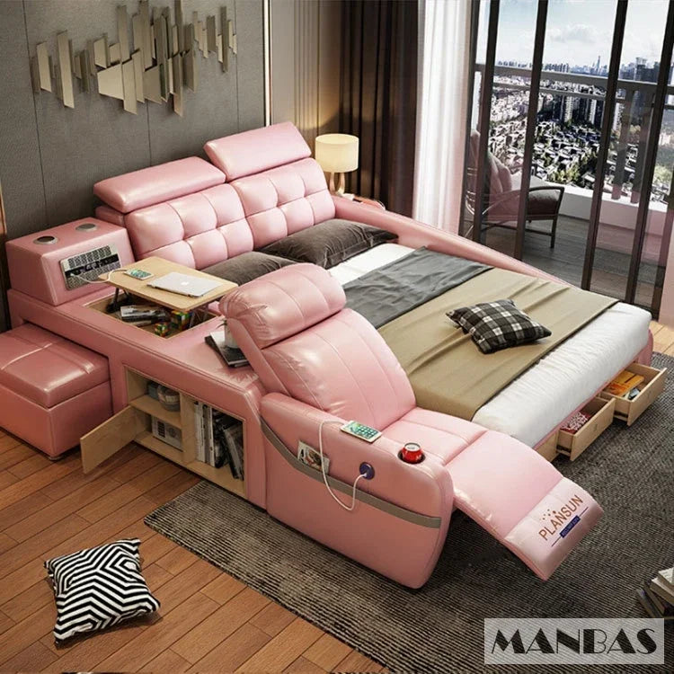 MINGDIBAO Massage Bed with Ultimate Comfort and Genuine Leather Multifunctional Frame - Bluetooth Speaker, Safe Air...