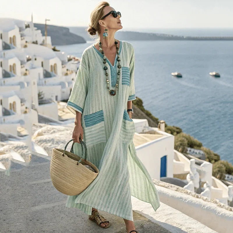 Summer Elegant Loose Long Dresses for Women New Casual V Neck Short Sleeve Geometric Printing Splicing Pocket Loose Waist Dress - Kimlud