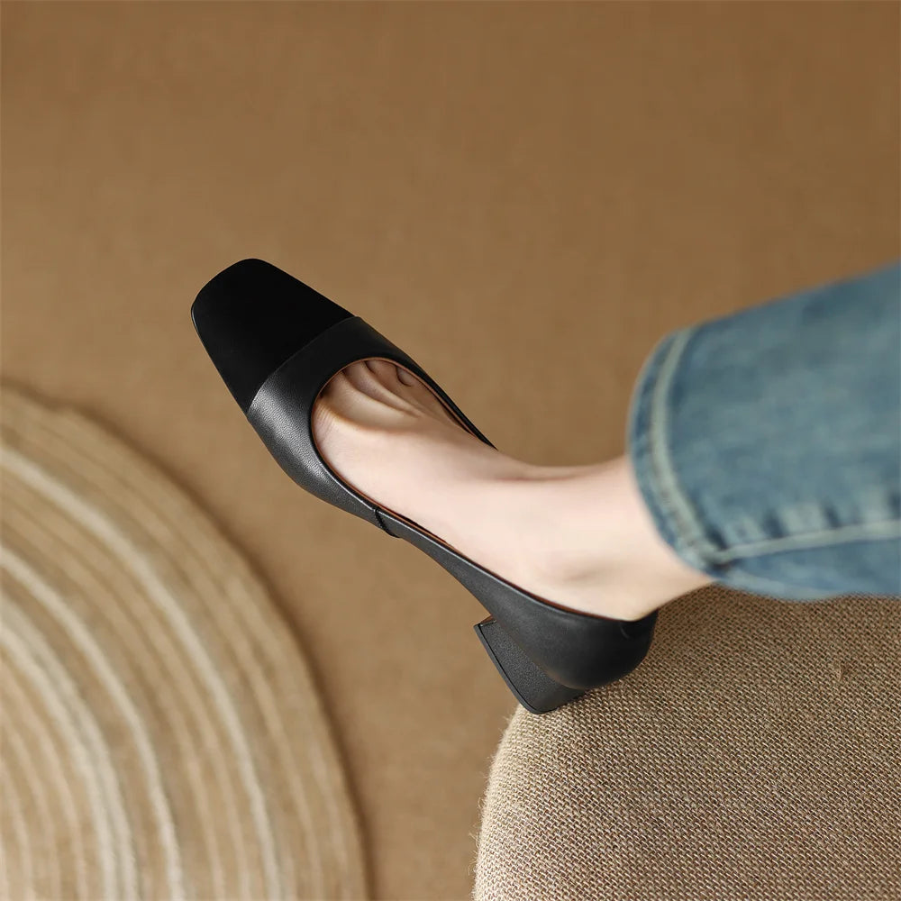 danxuefei plus size 34-42 women's genuine leather square toe slip-on pumps OL style elegant ladies 5cm thick low heel shoes sale - Kimlud