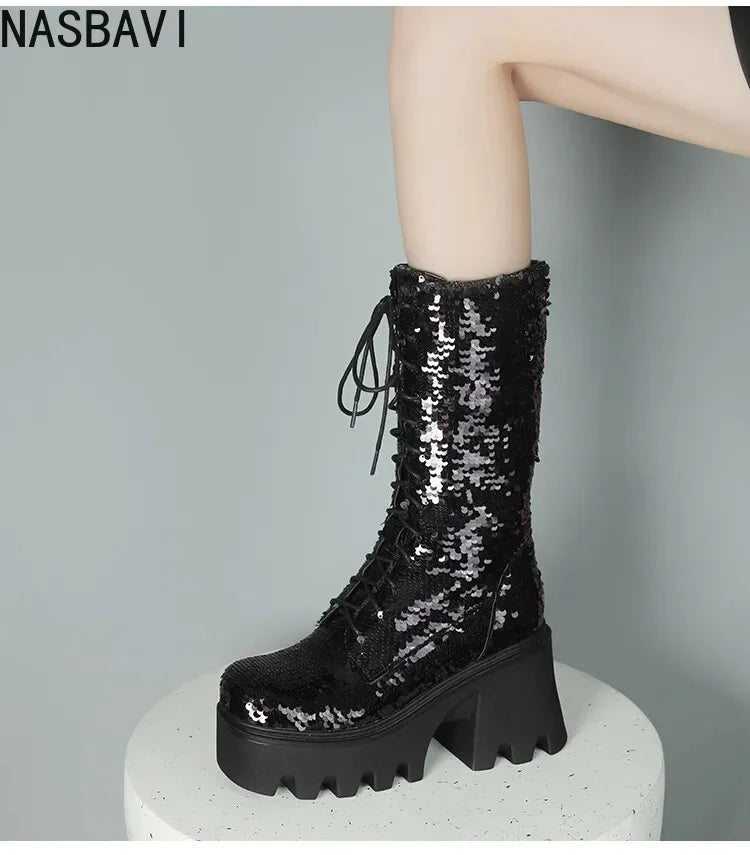 NASBAVI Sequins Cloth Bling Shiny Green Fish Scale Pattern Lace-up Punk Goth Women Winter Shoes Chunky Heels Mid-calf Boots 43