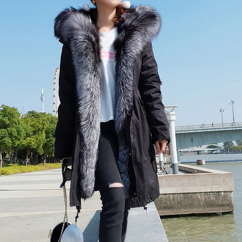 Maomaokong Winter Women's Fur Jacket Long Outdoor Tops Real Fox Fur Collar Inner Fur Lining Parka Natural Silver Fox Women Coat