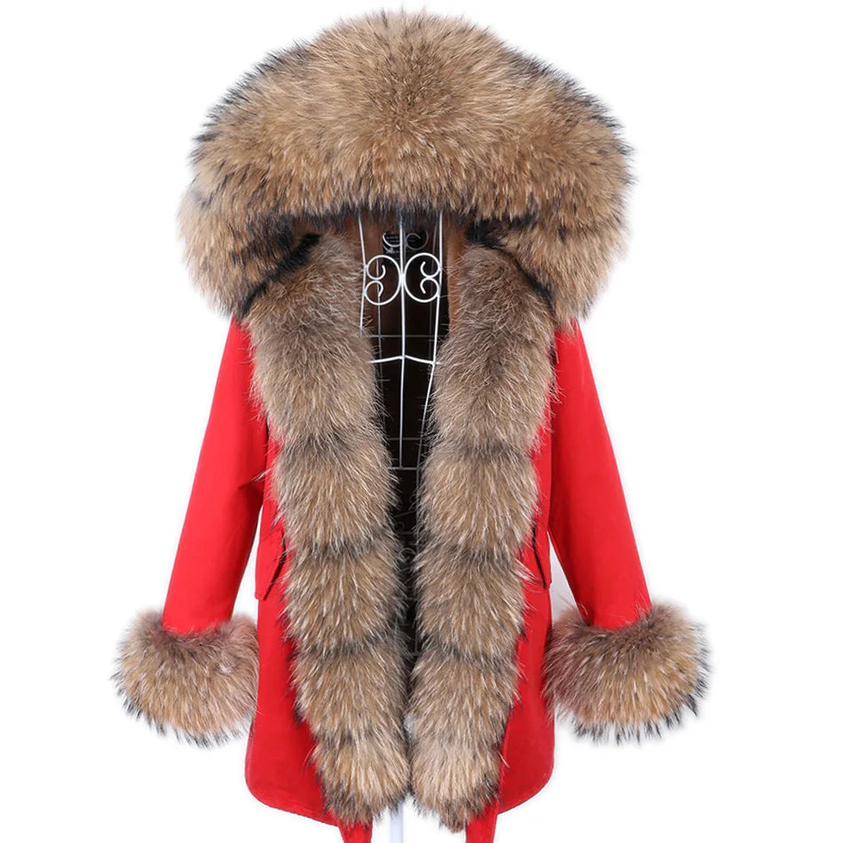 MAOMAOKONG 2024 Winter Women Coat Natural Fox Fur Collar Cuff Black Jackets Outwear Thick Luxury Real Fur Parka Women's Fur Coat