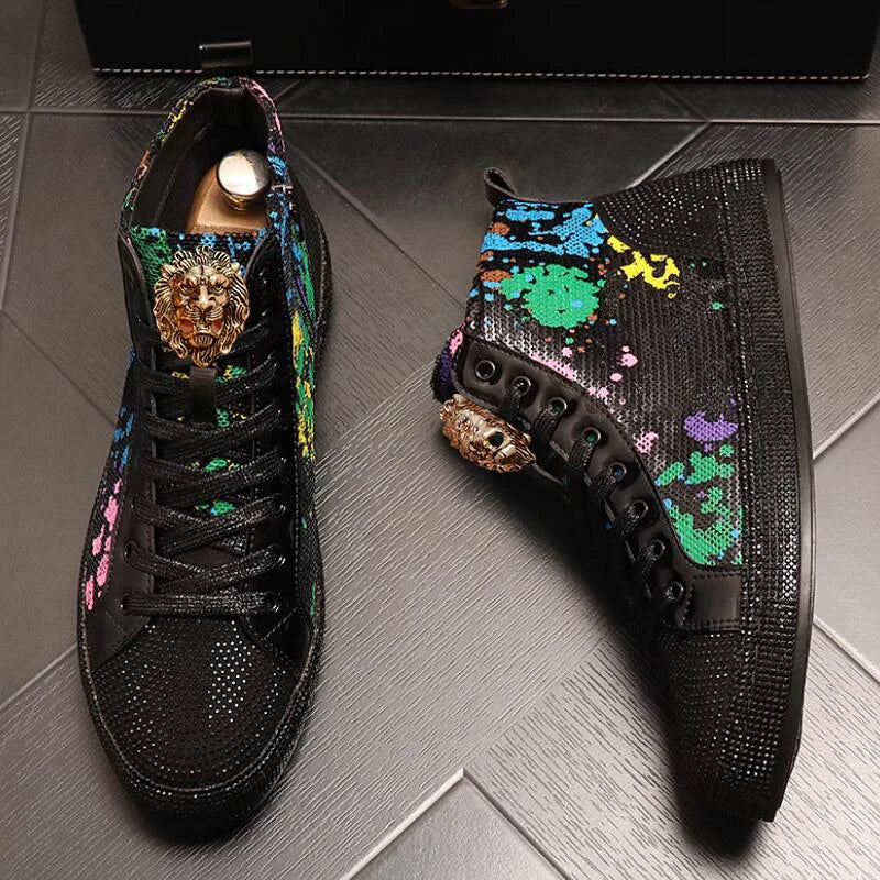 European fashion rhinestone sequin men's high top new network red shoes Korean version breathable high top board shoes - Kimlud