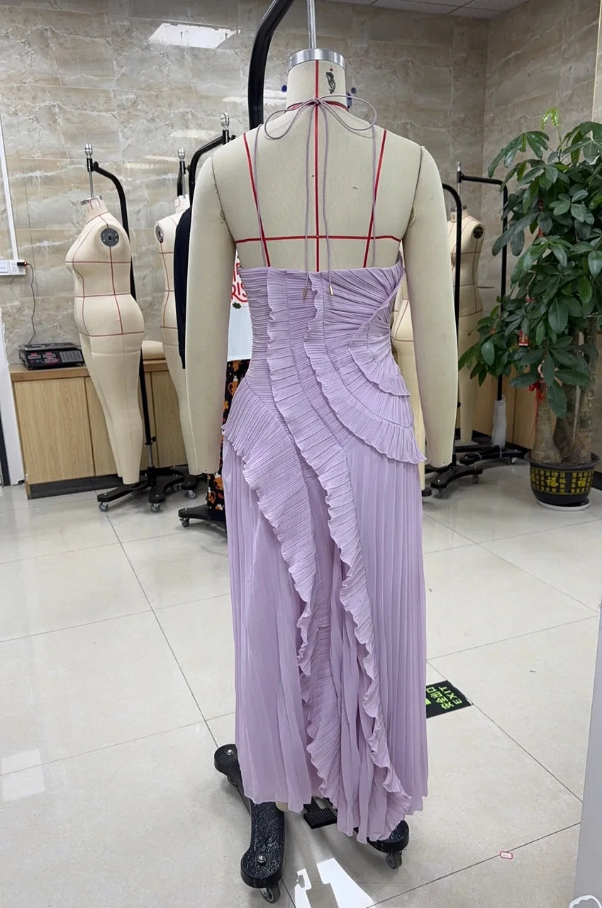 Elegant Women Ruffle Pleated Long Dress Fashion Sleeveless Halter Irregular Tiered Pleated Flowy Maxi Dresses for...