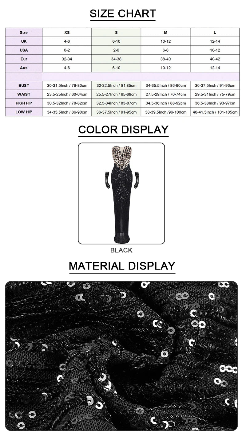 VC Black Strapless Diamonds Pearl Mermaid Long Dress Deep V Plunge Bodycon Elegant Party Evening Gowns Vestidos with Gloves