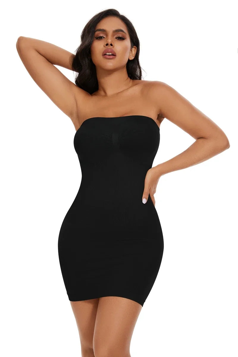 Sexy Full Slip Shapewear Women Dress Off Shoulder Bodycon Strapless Underdress Smooth Compression Body Shaper Slimming Waist