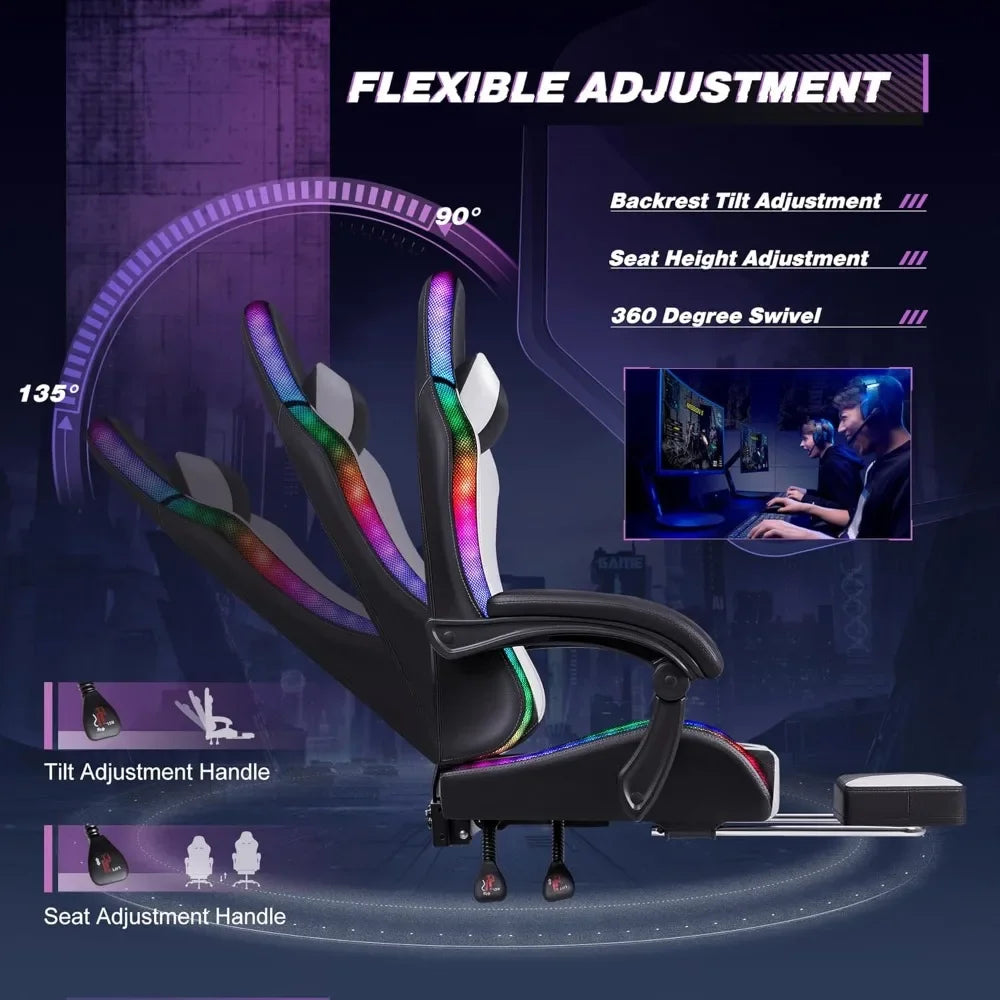 Ergonomic Gaming Chair with Massage Lumbar Support, Footrest, Adjustable Height & RGB Lighting