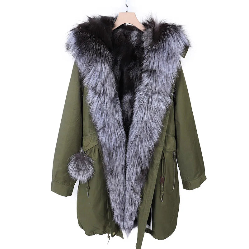 Maomaokong Winter Women's Fur Jacket Long Outdoor Tops Real Fox Fur Collar Inner Fur Lining Parka Natural Silver Fox Women Coat