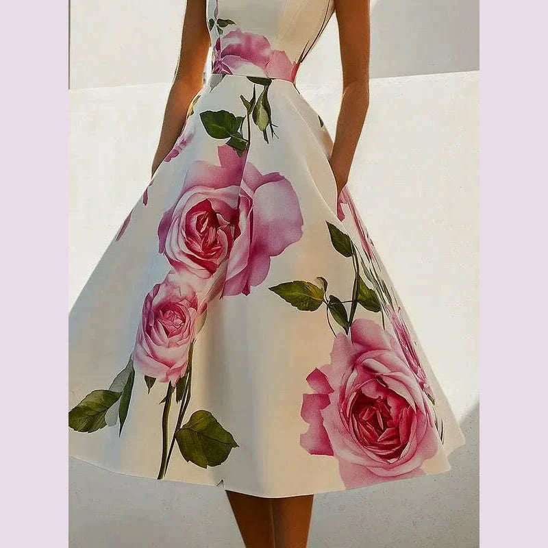 Modigirl 2025 New Woman Flower Print Midi Dresses Summer Skinny Stand Collar Elegant Vintage Romantic Evening Dress for Women
