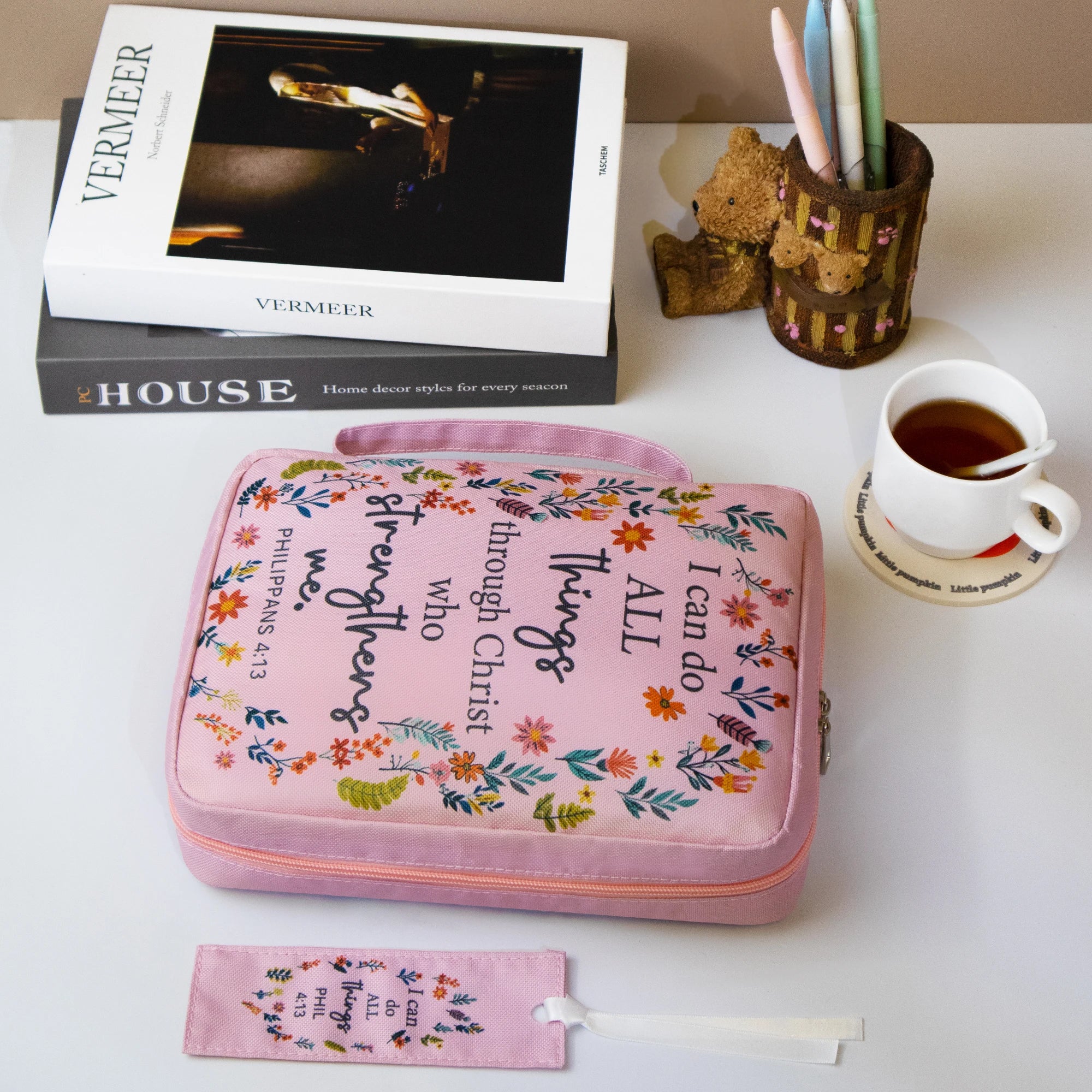 Bible Cover for Women, Pink Floral Scripture Case, Large Capacity Church Book Organizer, Christian Gift for Ladies