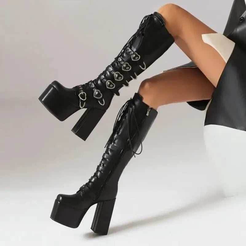 New Punk Goth Women Motorcycle Boots High Heeled Knee High Platform Shoes Heart Buckle Lace Up Luxury Trendy Winter Street Boots