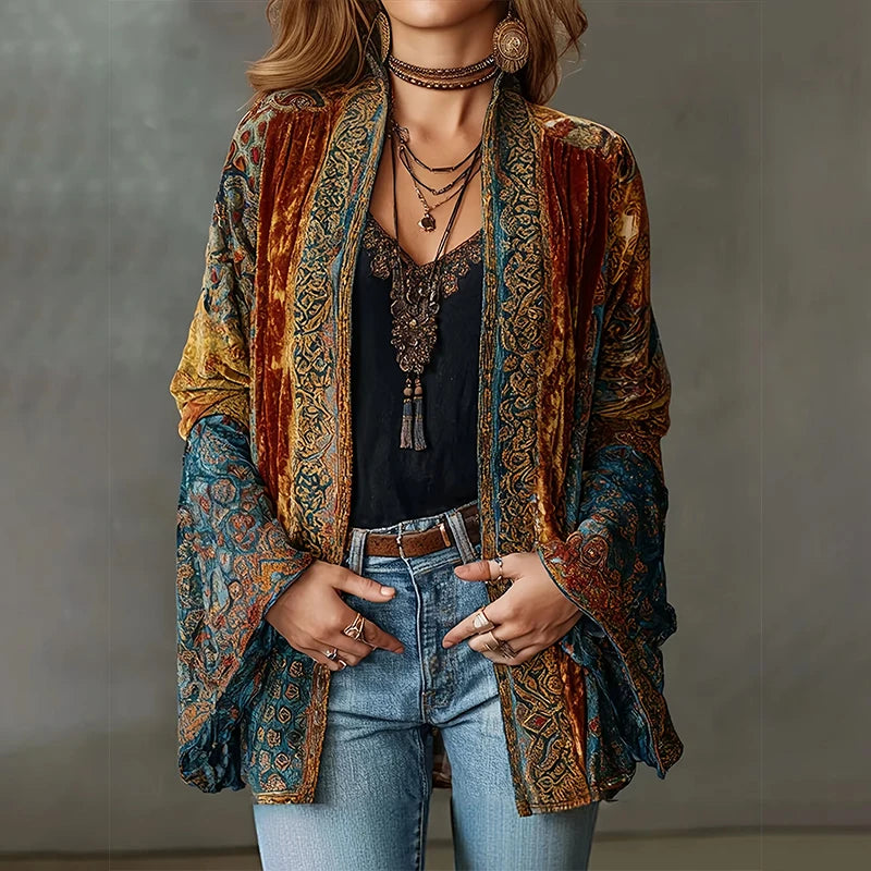 Spring Fashion Velvet Cardigan Coat Women Elegant Stand Collar Retro Floral Pattern Slim Long Sleeve Outerwear Coats Soft Jacket