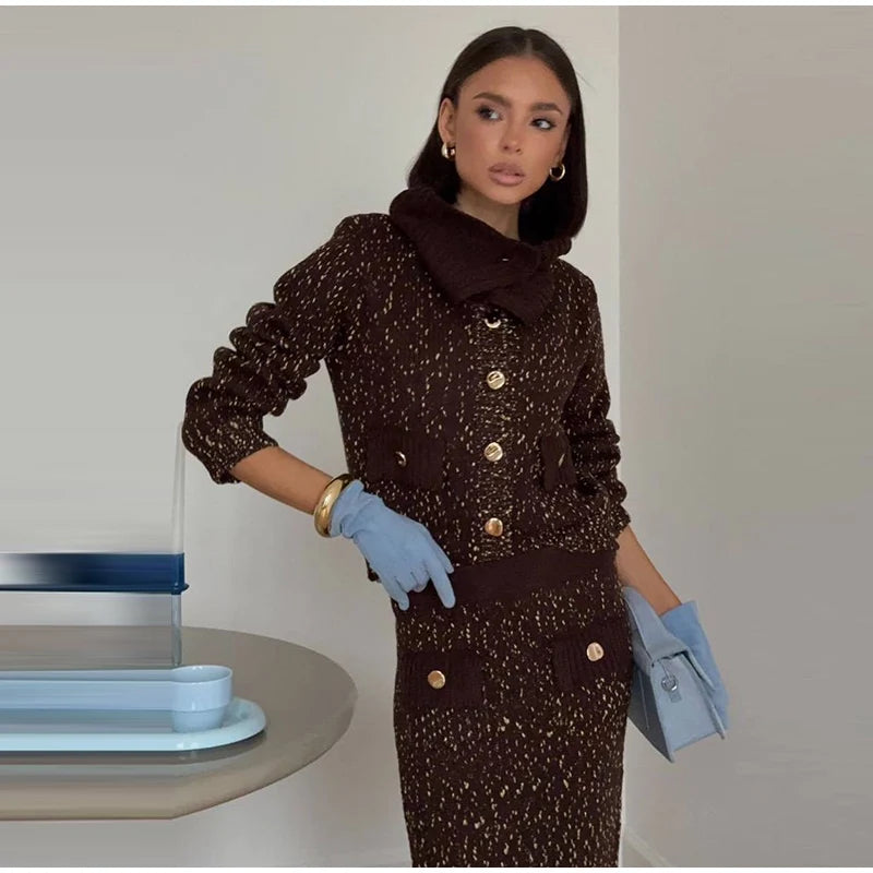 Fashion Knitted Long Skirts Sets Women Lapel Full Sleeve Single Breasted Sweater Hip Package Slim Skirt 2026 Spring Lady Outfits