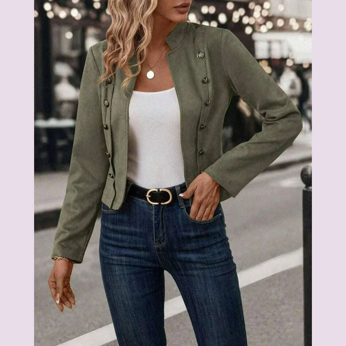 Spring Auutmn Jacket Blazer Coat Double-breasted Stand Collar Buttons Slim Long Sleeves Retro Cardigan Women Outdoor Suit Jacket