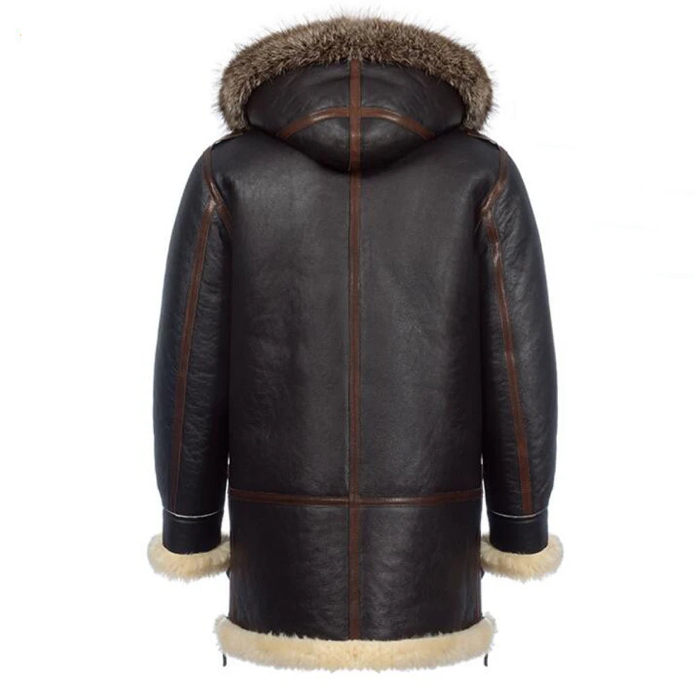 Denny&Dora Men's Shearling Jacket Hood Thick Warm Winter Sheepskin Coat Dark Brown Leather Jacket