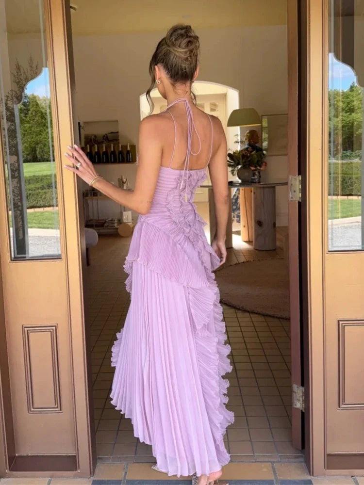 Chiffon Pleated Patchwork Sleeveless Summer Dress Women Elegant Halter Backless Split Maxi Dress Ladies Party Evening Dress 2025