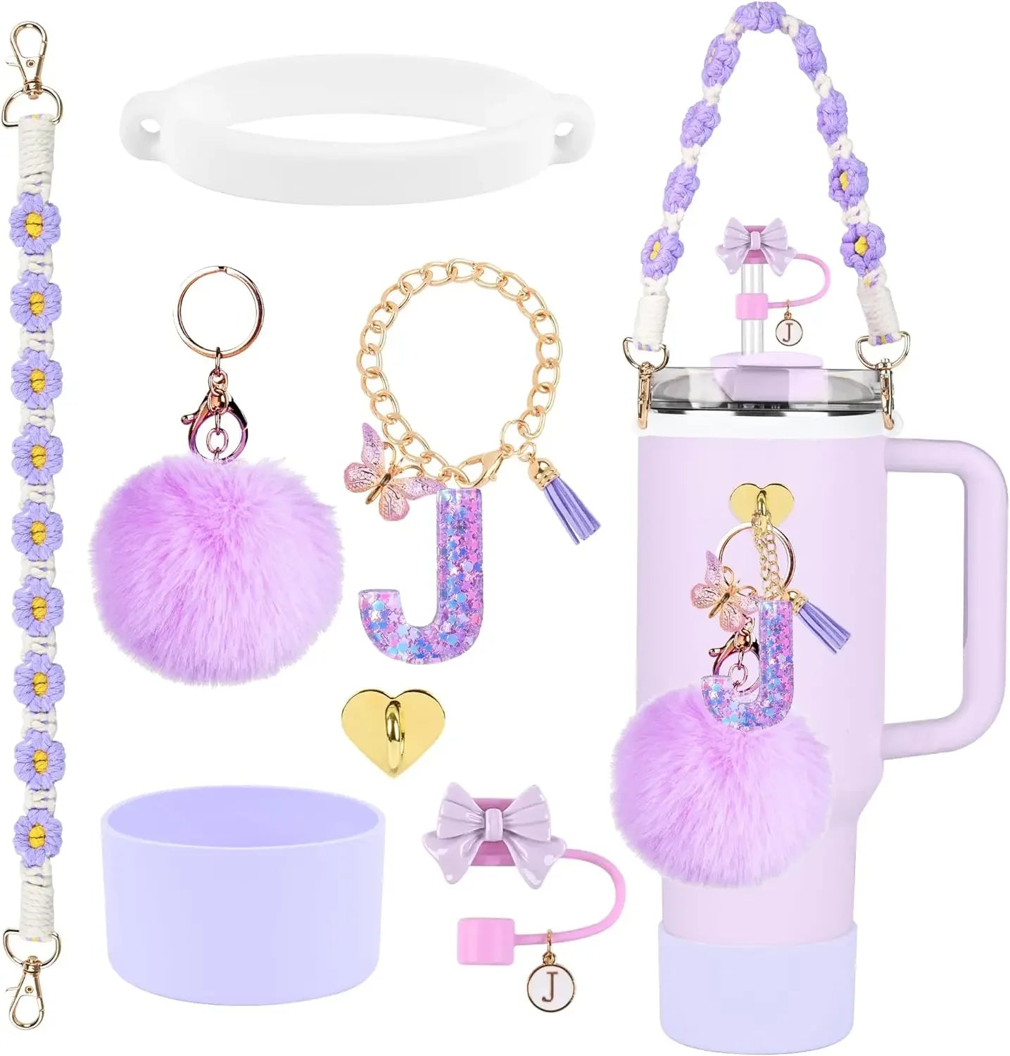7PCS Accessories Set for Stanley Cup Purple Straw Topper Cup Boot Water Bottle Handle Strap Letter Charms 40oz 30oz Tumbler
