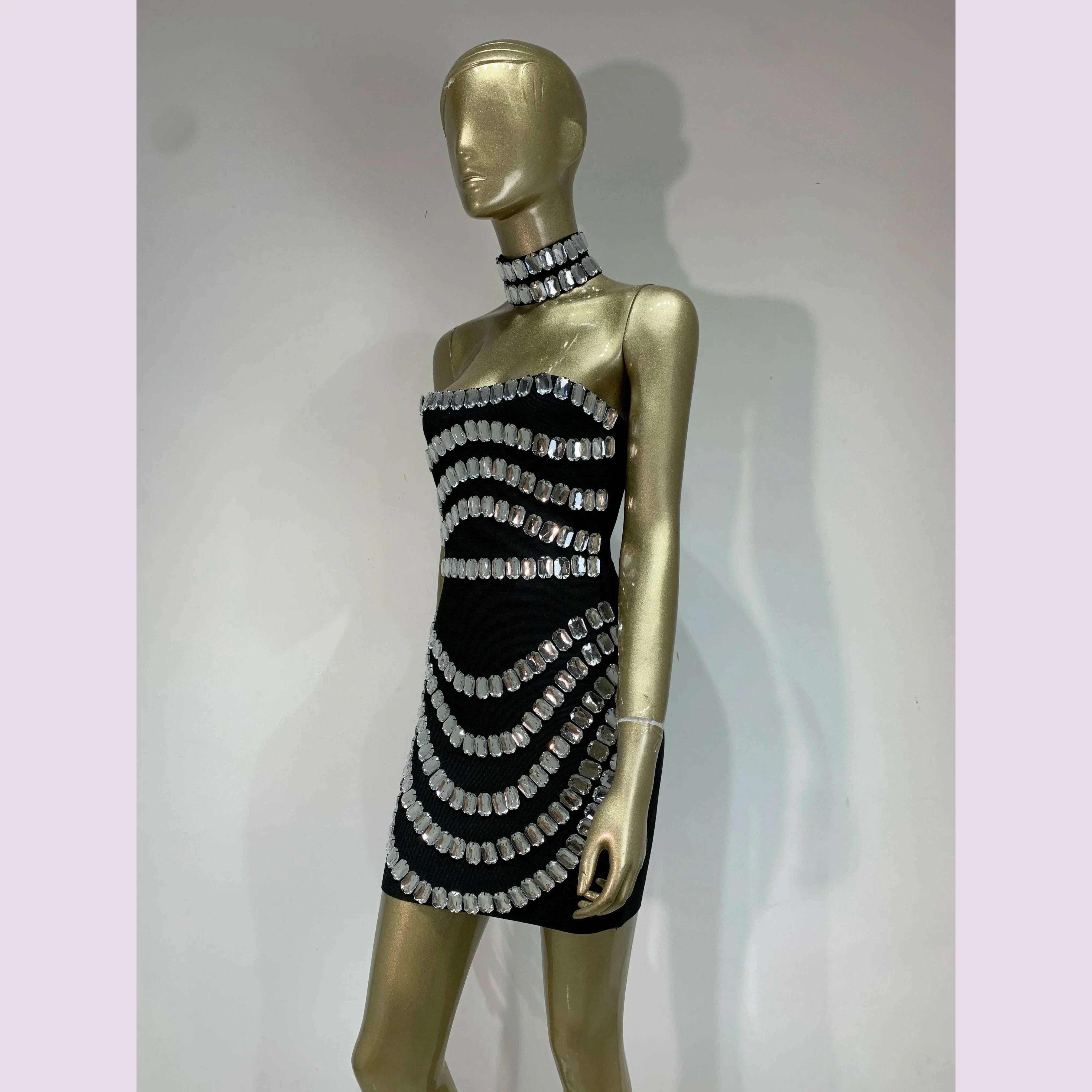 Brand New Ins 2025 Women Black Strapless Crystal Bandage Bodycon Dress Designer Collar Elegant Mini Evening Party Dress Vestido