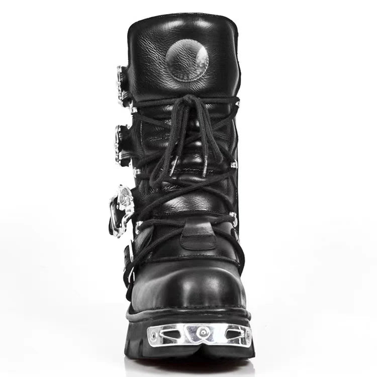 Men's Fashion Genuine Leather Motorcycle Boots Goth Skull Punk Boots New Unisex Mid-calf Cowboy Boots Metallic Combat...