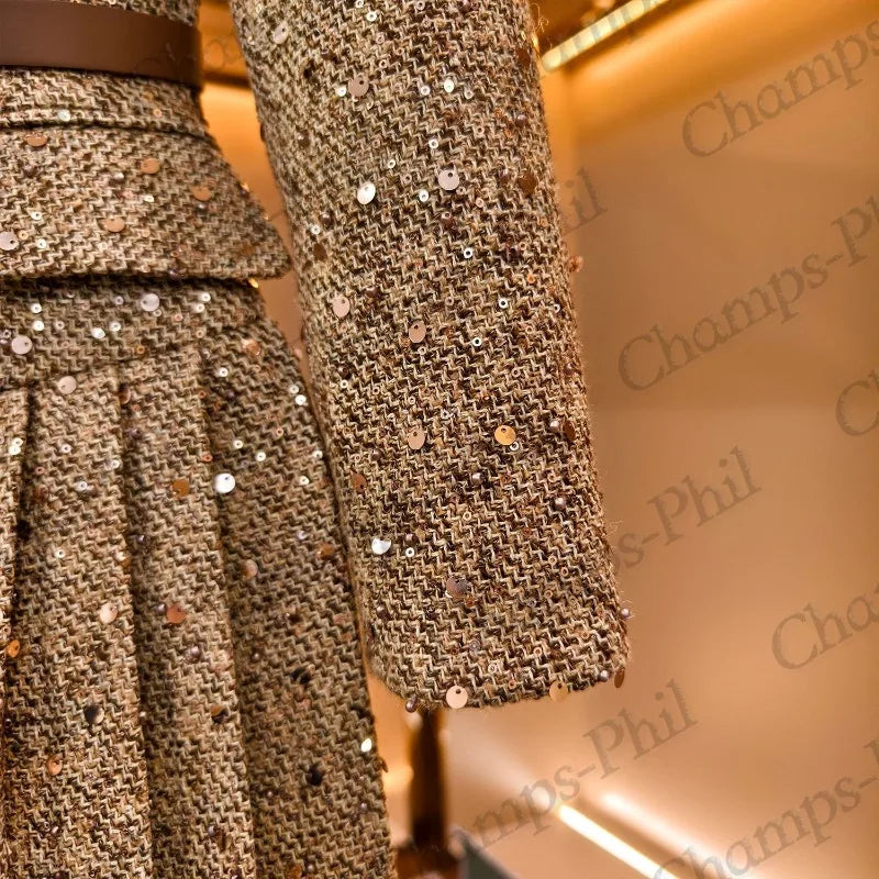 Shiny Sequins Refinement Original Light Luxury Designer Elegant Temperament Slim Fashion Waist Dress Temperament Commuting Coat