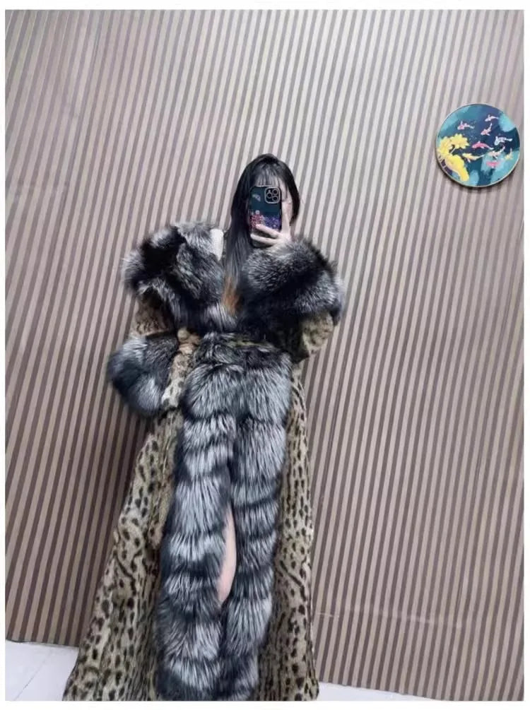 120cm Length Women's Genuine Rabbit Fur Coat Fox Fur Hooded Long Jacket Luxury Overcoats