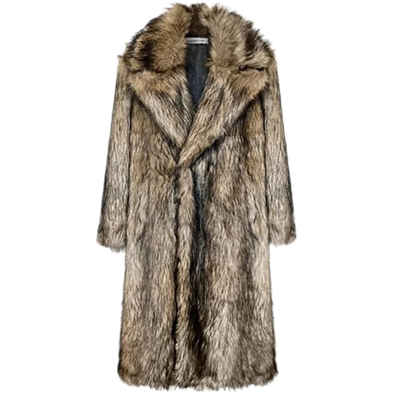 Men's fur coat, Wolf fur, fox fur, lapel long overcoat, winter windproof and warm windbreaker, large size