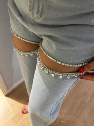 Chic Women Hollowed Out Diamonds Beaded Holes Jeans Rhinestones Straight Denim Pants Crystals Cowboy Trousers Loose Pantalones - Kimlud