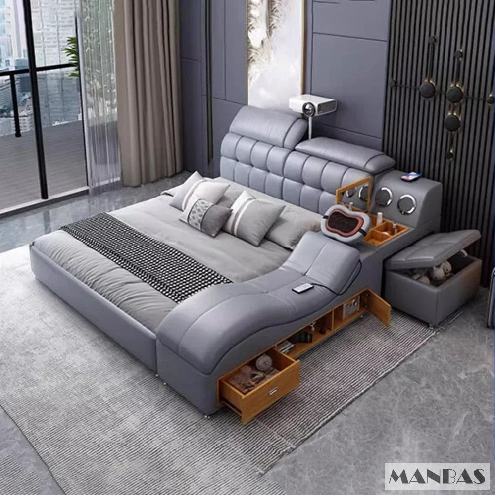 Linlamlim Luxury King Size Genuine Leather Bed / Tech Smart Bed / Multifunctional Ultimate Beds / Massage Bed with...