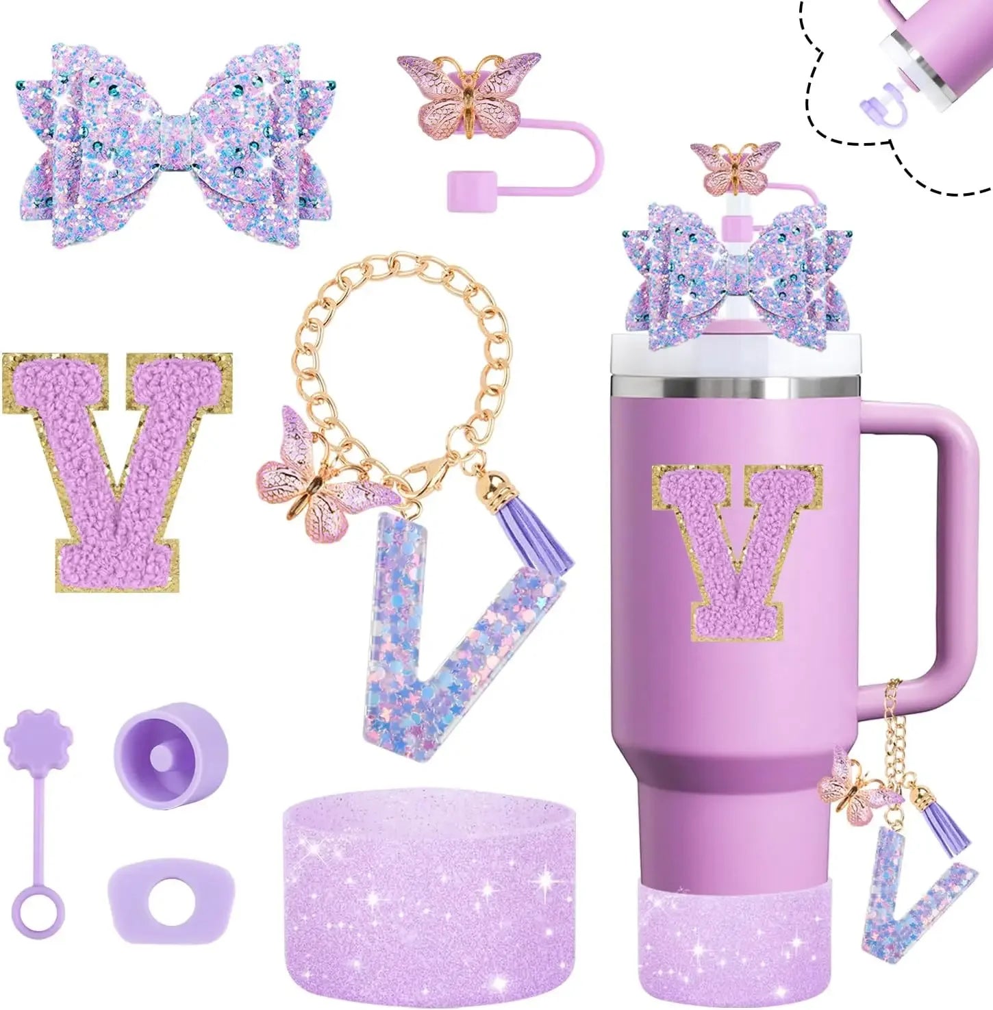 8pcs Cup Accessories Set 30oz 40oz tumbler Straw Topper Cover, Boot, Spill Proof Stoppers, Handle Charms Sticker for Stanley Cup