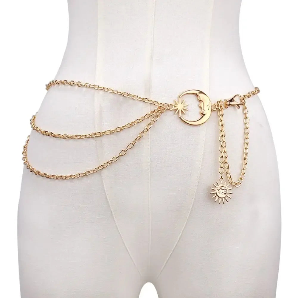 Punk Hip Hop Style Thin Waist Chain Sun Moon Star Women Chain Belt Vintage Fashion Metal Alloy Waistband Clothing...