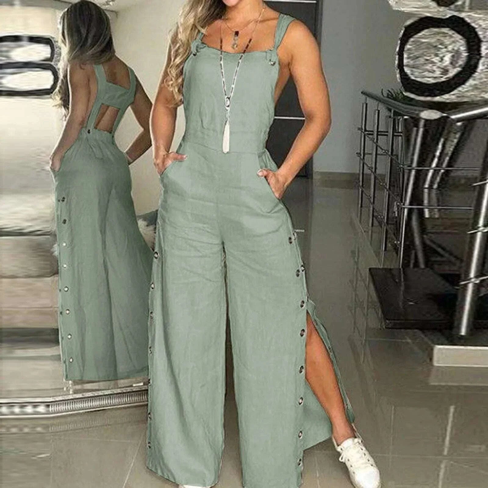 Women's Summer Sleeveless Cotton Linen Playsuits Strappy Side Button Opening Overalls Loose Long Wide Leg Pants Female Jumpsuits