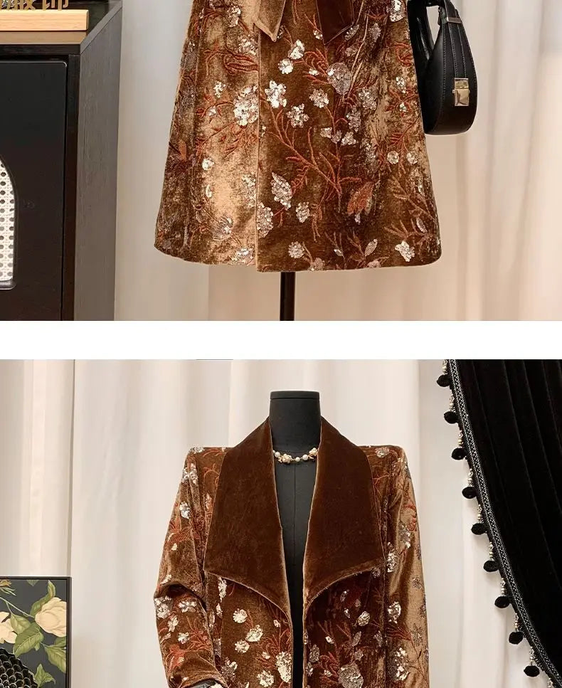 Luxury Design Women's Clothing Lapel Trench Coat Belt Sequin Embroidery Long Trench Coat High Quality Vintage Harajuku Outerwear