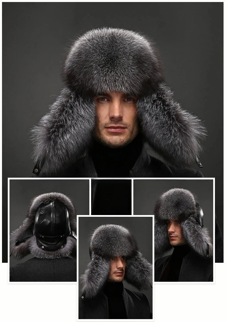 New Winter Men's 100% Real Silver Fox Fur Bomber Hat Raccoon Fur Ushanka Cap Trapper Russian Man Ski Hats Caps Real Leather Top