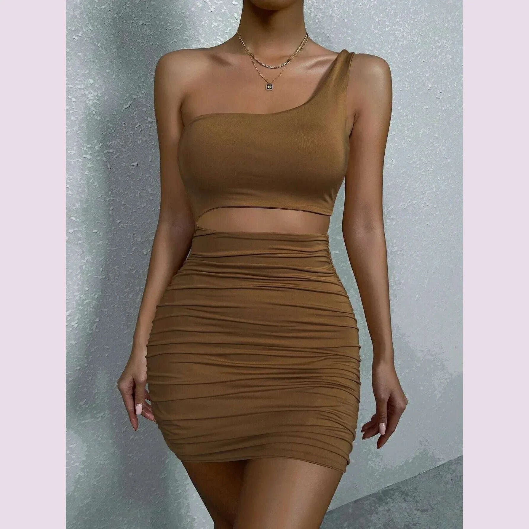 Sexy One Shoulde Backless Bodycon Mini Dress Women's Waist Hollow Out Tight Pleated Wrapping Skirt 2023 New Style