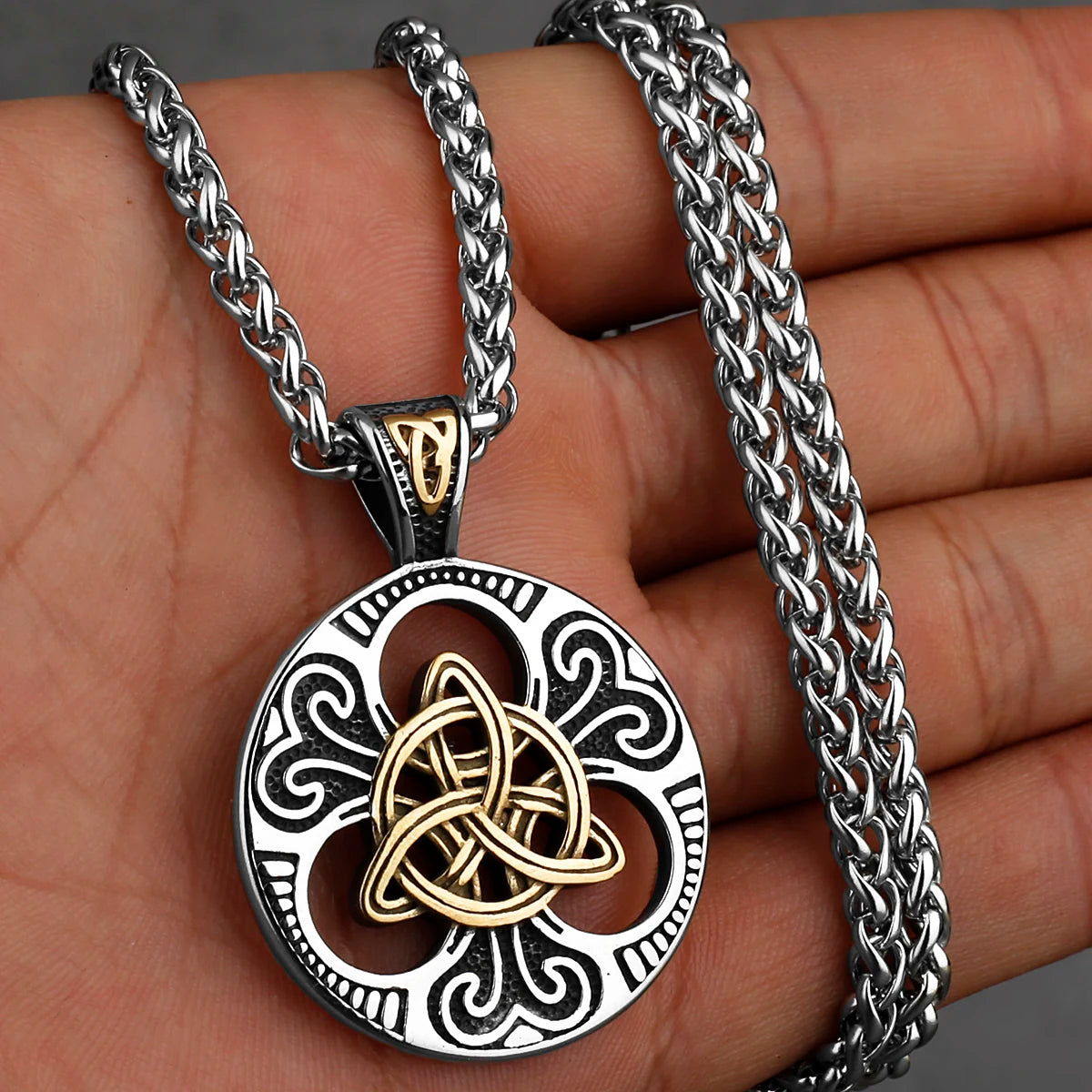 Stainless Steel Vintage Viking Mixed Gold Color Odin Rune Necklace Men Celtic Knot Amulet Pendant Nordic Jewelry as Men’s Gifts