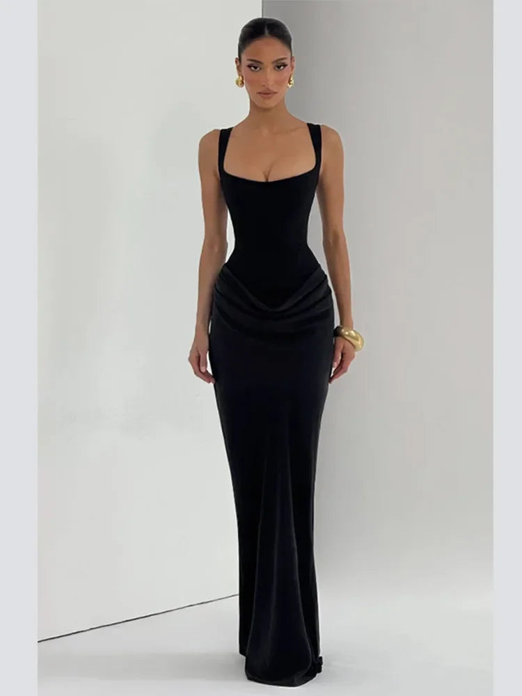 Sexy Luxury Pleated Sling Long Dress Women Elegant Solid Sleeveless Slim Fit Maxi Dresses 2026 Shinny Daily Lady Vestidos New