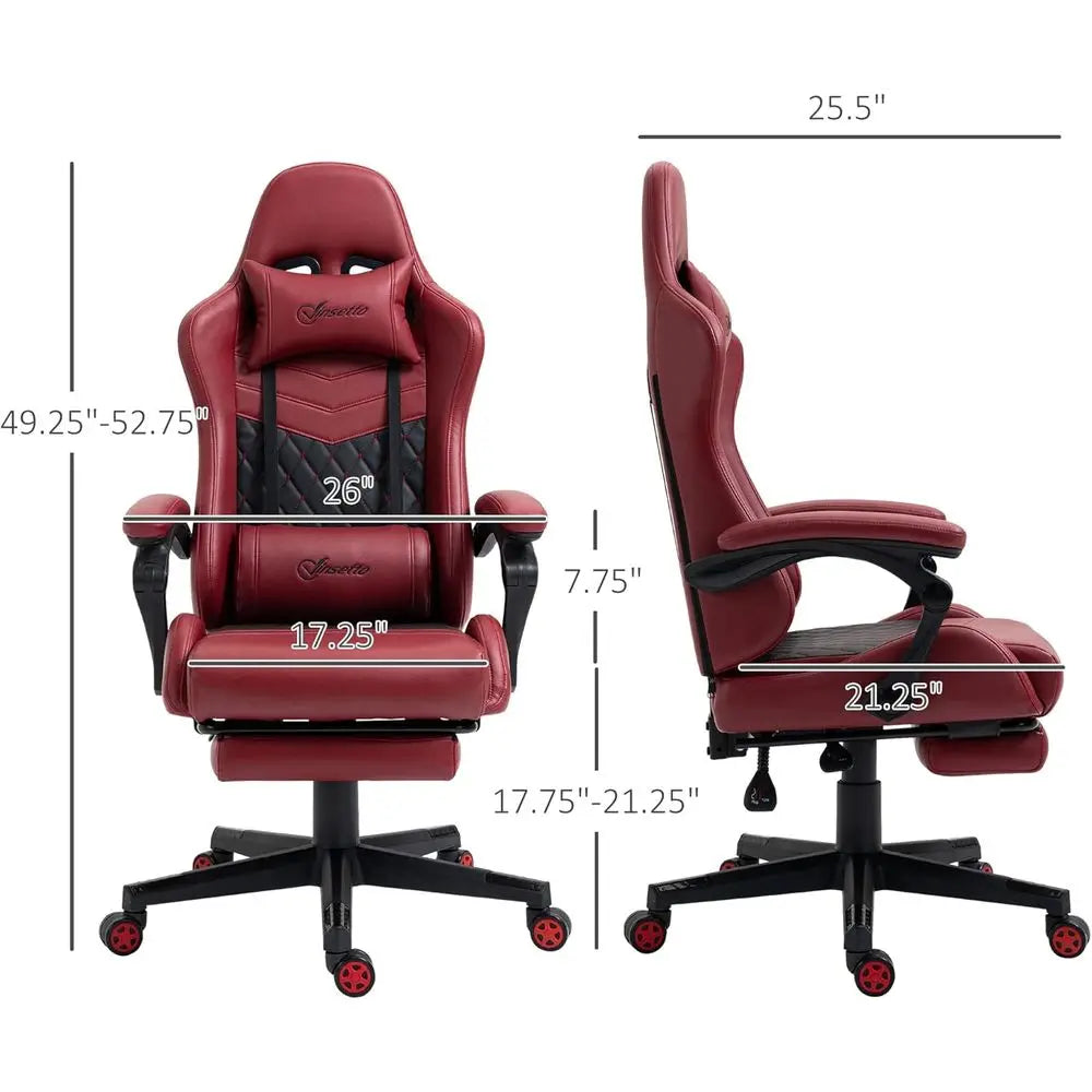 Premium Diamond PU Leather Racing Gaming Chair with Swivel, Footrest, Lumbar Support, Adjustable Height, Red