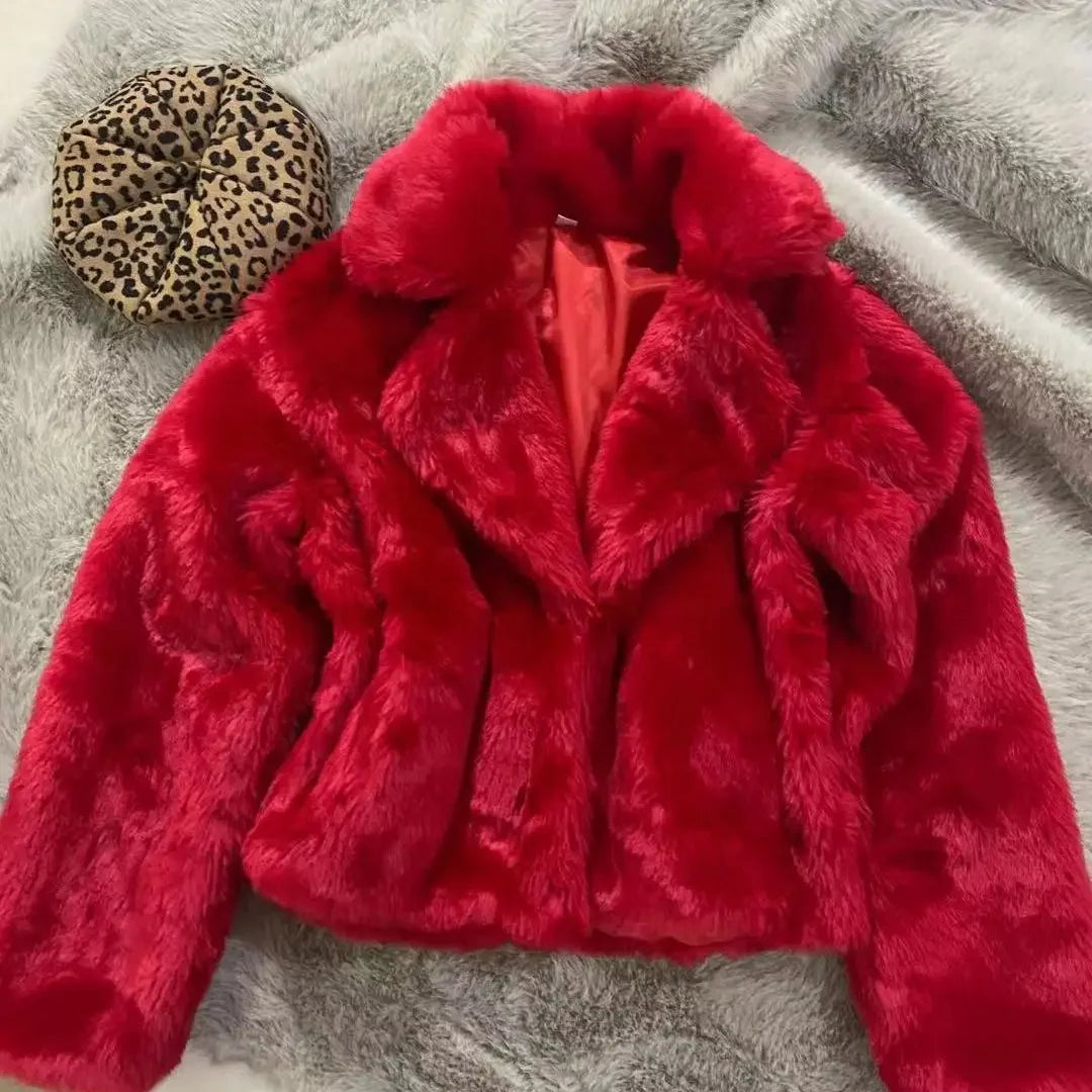 Women Faux Fur Turn Down Collar Short Red Coat Autumn/Winter Imitation Rex Rabbit Fur Jacket INS Furry Parka Flocking Cardigan